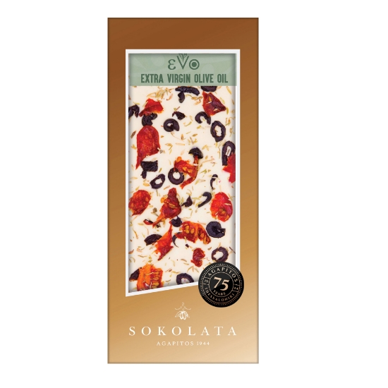 White Chocolate & EVOO with Thyme, Olive, Tomato, Smoked Salt  Sokolata Agapitos 1944 (100g)