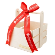 Empty wooden gift basket with a custom red elenianna.com ribbon for a Cretan food hamper.
