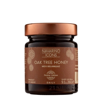 Navarino Icons Greek Oak Honey Jar - Luxury Unfiltered Messinia Honey Navarino Icons Greek Oak Tree Honey Festive Edition 260g jar. Premium unfiltered honey from Messinia, Greece, with a copper lid and decorative label. Luxury Greek gourmet food product.