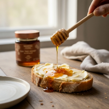 Gourmet Breakfast: Navarino Icons Greek Oak Honey on Buttered Artisanal Bread Hand drizzling rich, dark Greek Oak Honey from a dipper onto artisanal bread with butter, next to a Navarino Icons honey jar. Gourmet breakfast or snack, showcasing the honey's luxurious texture and color.