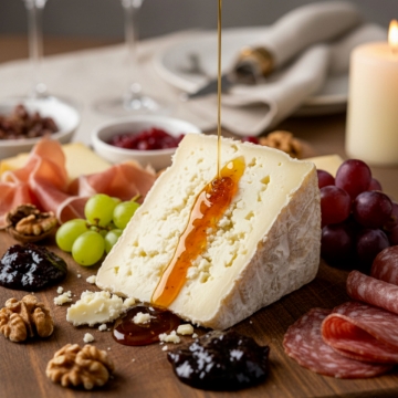 Gourmet Cheese Board Featuring Navarino Icons Greek Oak Honey Drizzle Elegant charcuterie and cheese board with Greek Oak Honey drizzled over a wedge of artisanal cheese. Features cured meats, grapes, walnuts, and fig jam. Ideal for a luxury gourmet pairing or entertaining.