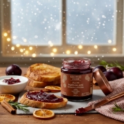 A festive breakfast setting featuring Navarino Icons Plum Marmalade spread on toast, with a side of Greek yogurt and cinnamon, by a cozy, snowy window.