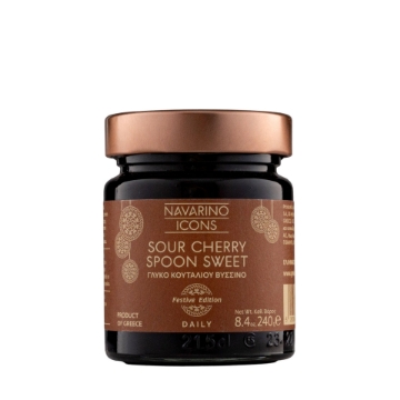Navarino Icons Sour Cherry Spoon Sweet (Vissino) 240g | Product of Greece A jar of Navarino Icons Sour Cherry Spoon Sweet (Vissino), Festive Edition, 240g, from Messinia, Greece