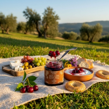 How to Serve Greek Spoon Sweets: Pair with Yogurt and Feta Cheese A Greek picnic scene showing Navarino Icons Sour Cherry Spoon Sweet served with Greek yogurt and a traditional cheese and olive platter.