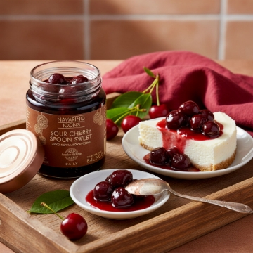 Gourmet Cheesecake Topping: Navarino Icons Sour Cherry Spoon Sweet Navarino Icons Sour Cherry Spoon Sweet served as a luxurious topping on a slice of cheesecake, with the open jar and a spoonful on a dish.