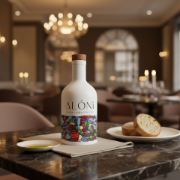 ALÓNI 'The Grove' EVOO bottle as a luxury finishing oil in a gourmet restaurant, set on a marble table with fresh bread and a dish of high-polyphenol olive oil.