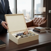 Businessman in a suit holding the open 'Discovering Greece' wooden gift crate filled with premium Greek foods on a desk in a luxurious executive office setting.