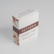 Luxury Greek skincare product KATHÁRIA natural soap bar and eco-friendly recyclable box.
