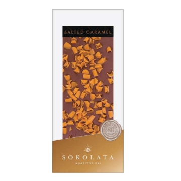 Tableta de chocolate con leche y caramelo salado Sokolata Agapitos 1944, 100 g – Hecha a mano en Tesalónica