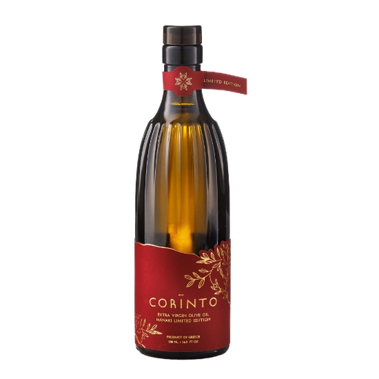 Front view of Corinto Limited Edition Extra Virgin Olive Oil bottle featuring a luxury red and gold label, 500ml Product of Greece.