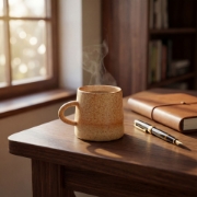 Steaming hot coffee in a rustic ceramic mug on a wooden desk with a leather journal and fountain pen