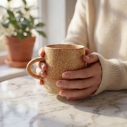 Person holding a warm speckled ceramic tea cup with both hands on a marble table by a window
