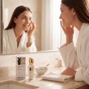 Close-up of a woman applying the lightweight Mastic Spa Hyaluronic Velvet Gel under the eyes for firming and brightening results.