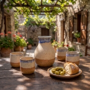 Rustic ceramic carafe set for raki and tsipouro served with olives and bread in a Mediterranean stone courtyard.