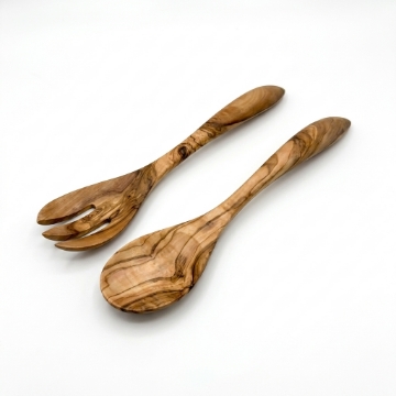 Juego de servir ensalada personalizado de madera de olivo - Cuchara y tenedor de 25 cm