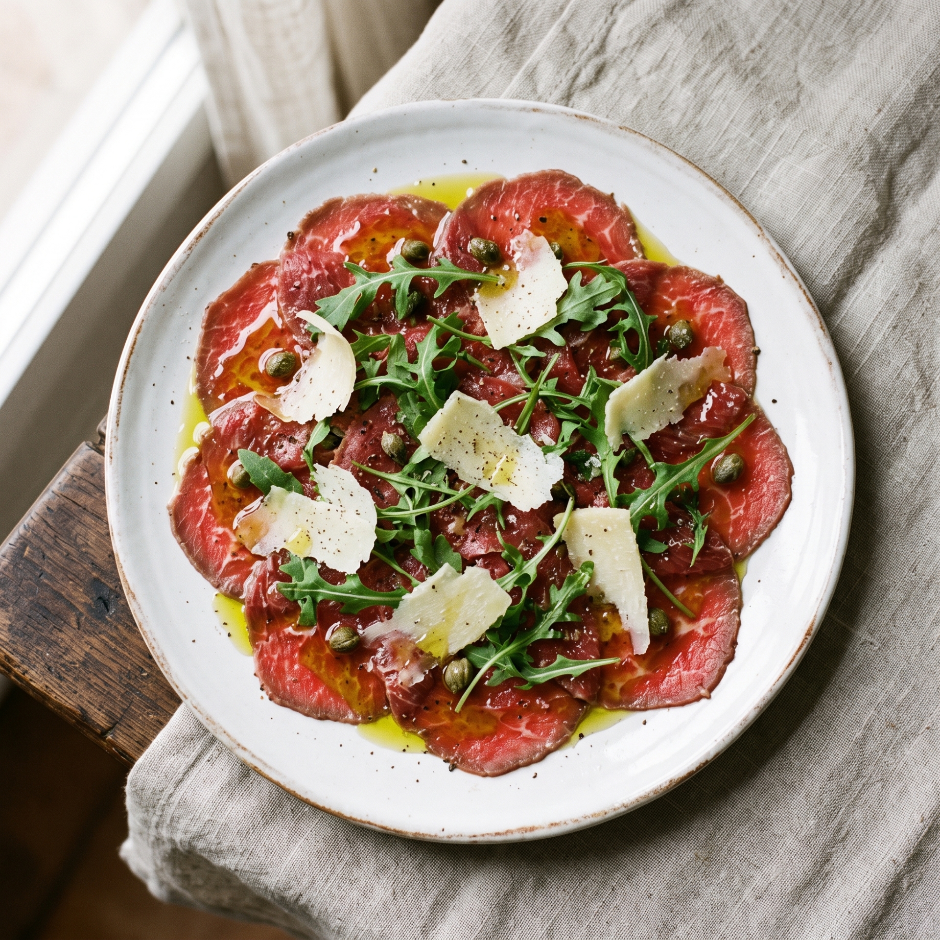 Carpaccio de Ternera con Aceite de Oliva The Governor y Parmesano finished dish serving suggestion