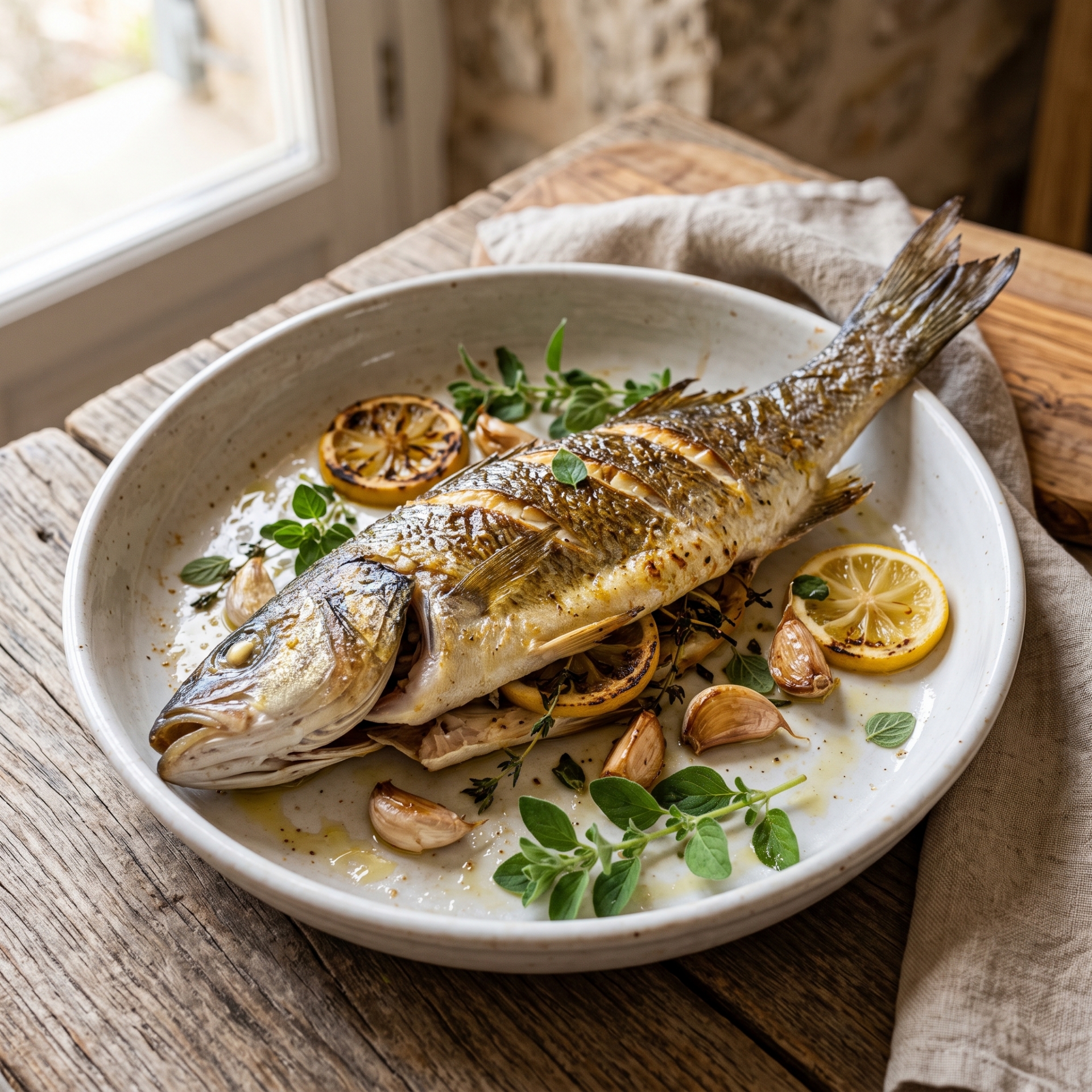 Lubina al Horno con Hierbas Mediterráneas y Aceite Pamako Tsounati finished dish serving suggestion