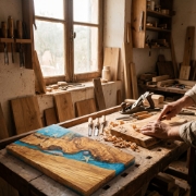 Olea Wood Art Handmade Rectangular Olive Wood Resin Cutting Board on a clean ecommerce background