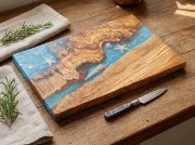 Olea Wood Art Handmade Rectangular Olive Wood Resin Cutting Board shown as a close-up product detail