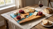 Olea Wood Art Handmade Rectangular Olive Wood Resin Cutting Board on a clean ecommerce background