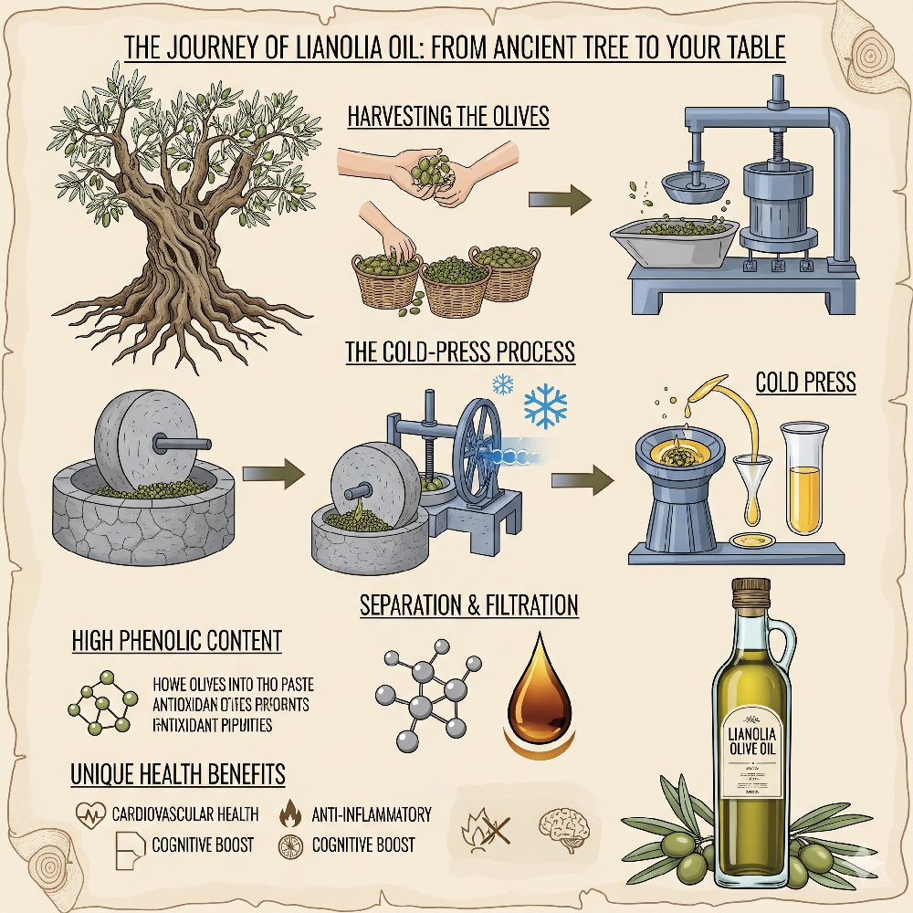 Infografía: El recorrido del aceite de oliva Lianolia del árbol a la botella, que muestra la cosecha, el prensado en frío, la separación, el alto contenido fenólico y los beneficios para la salud.